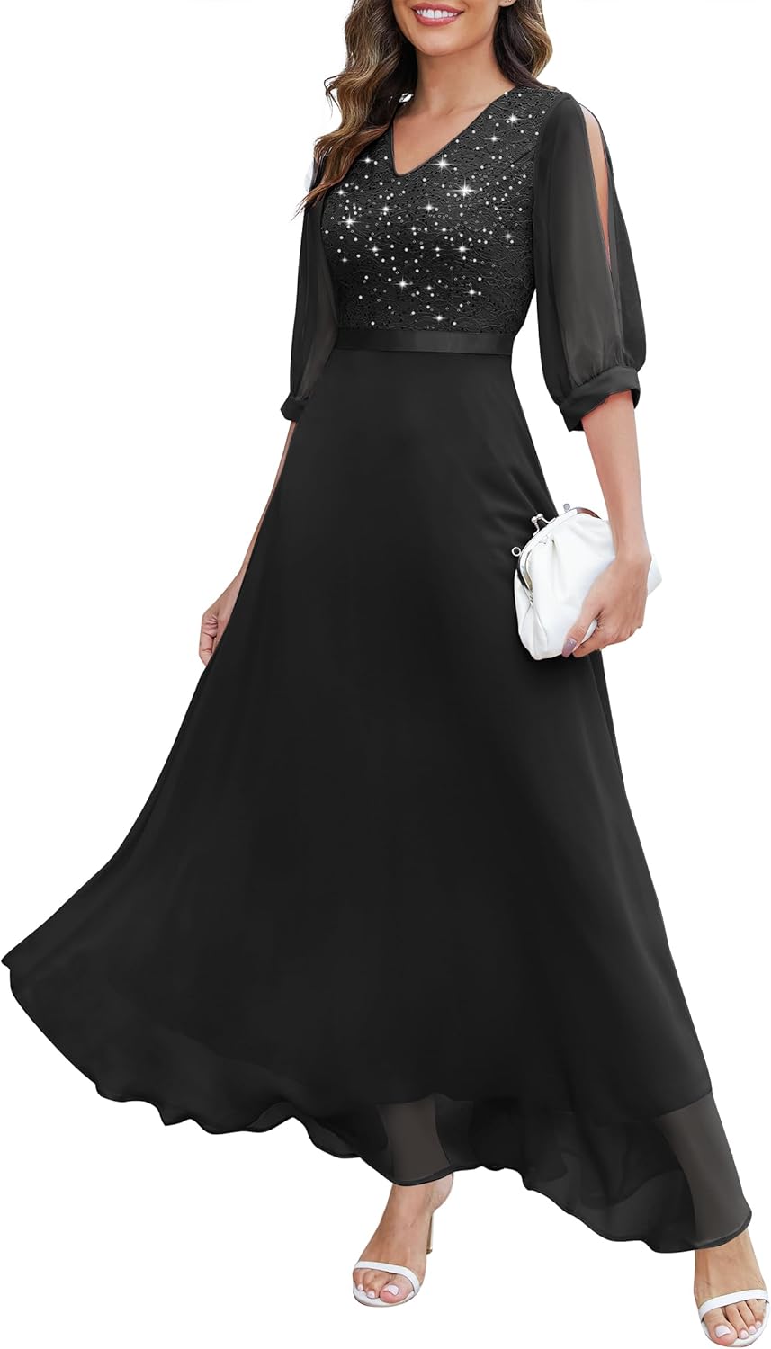 Wedtrend Women's Sequin Dresses Sparkly Glitter Dress Split Sleeves Formal Dresses Maxi Evening Dress