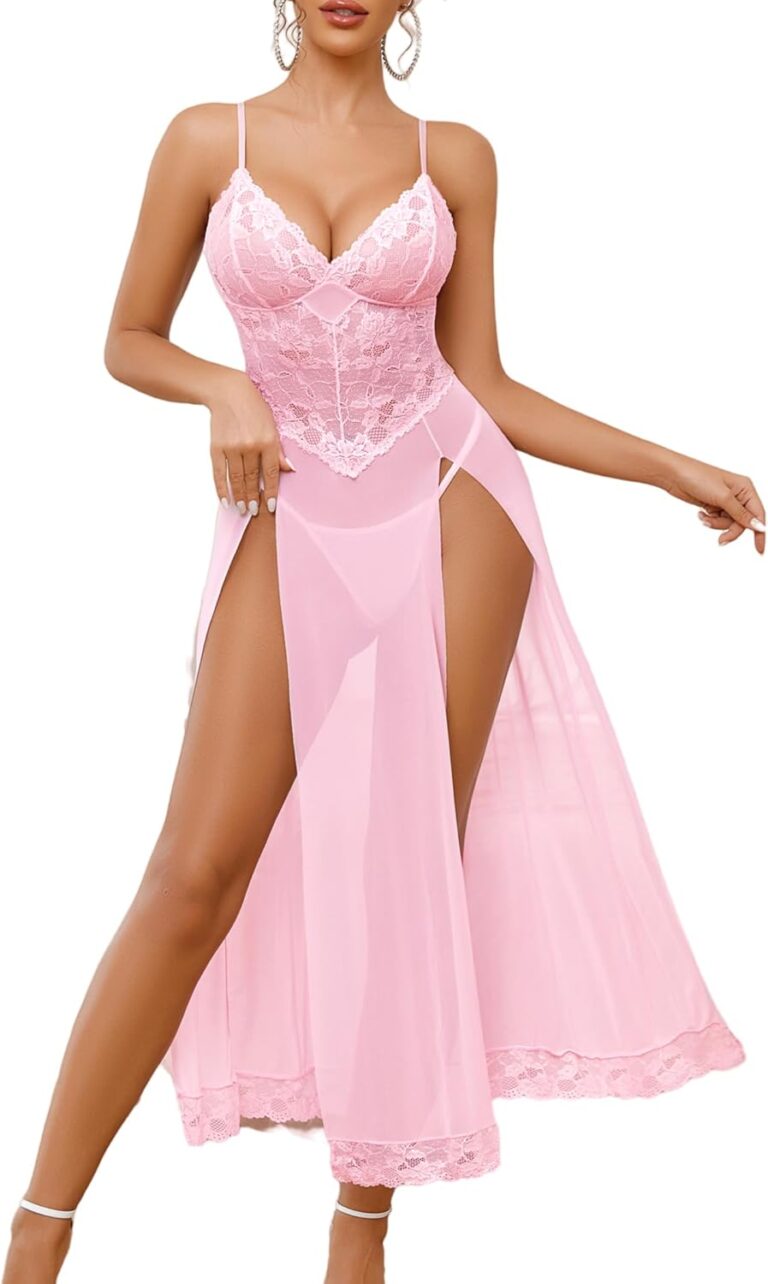 Avidlove Women Lingerie Dress Long Lace Babydoll Chemise Side Split Night Gowns V Neck Mesh Nightdress