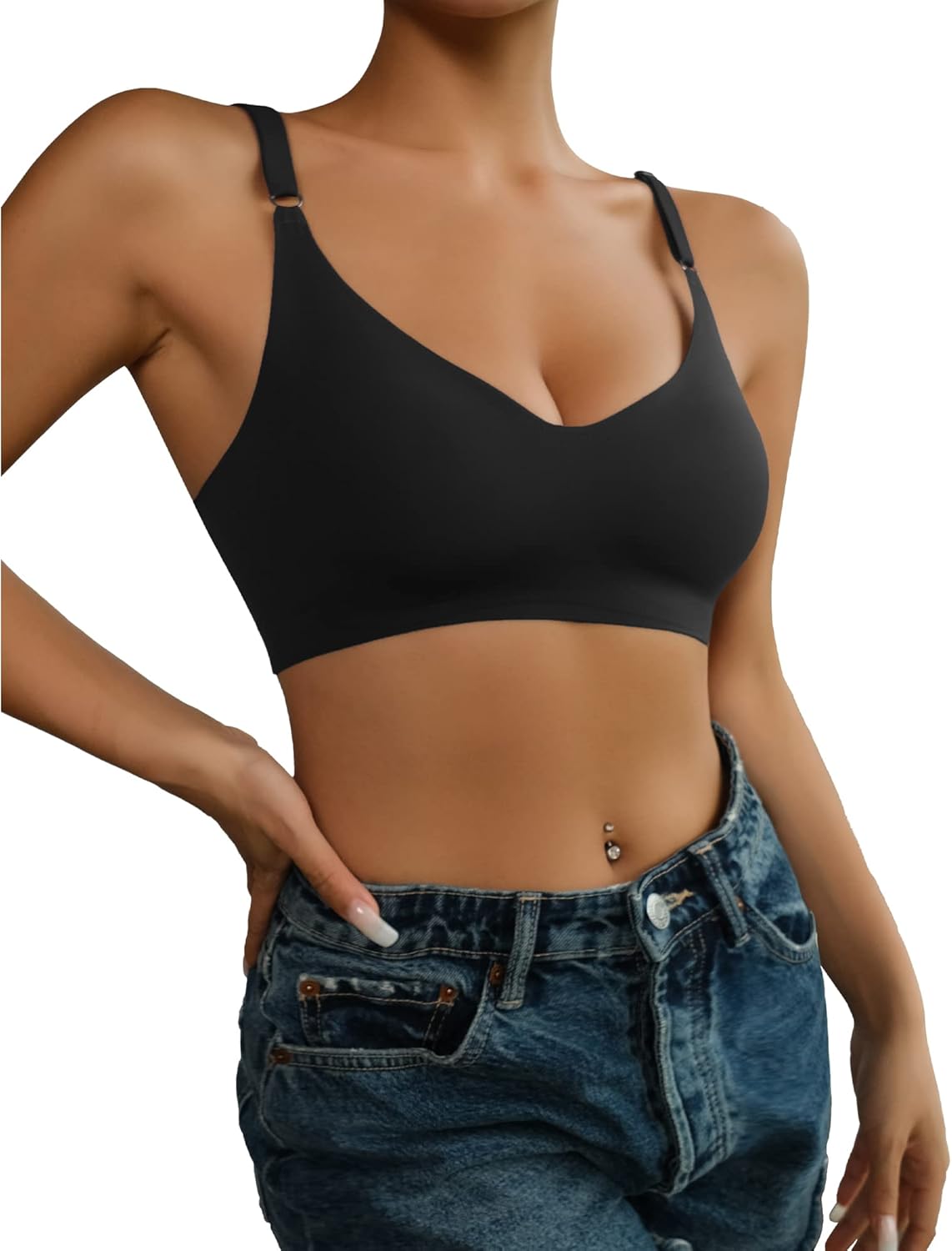 DEANGELMON V Neck Bra Padded Seamless Adjustable Straps Bralettes Everyday Basic Sleeping Bras Multiple Pack - Image 2