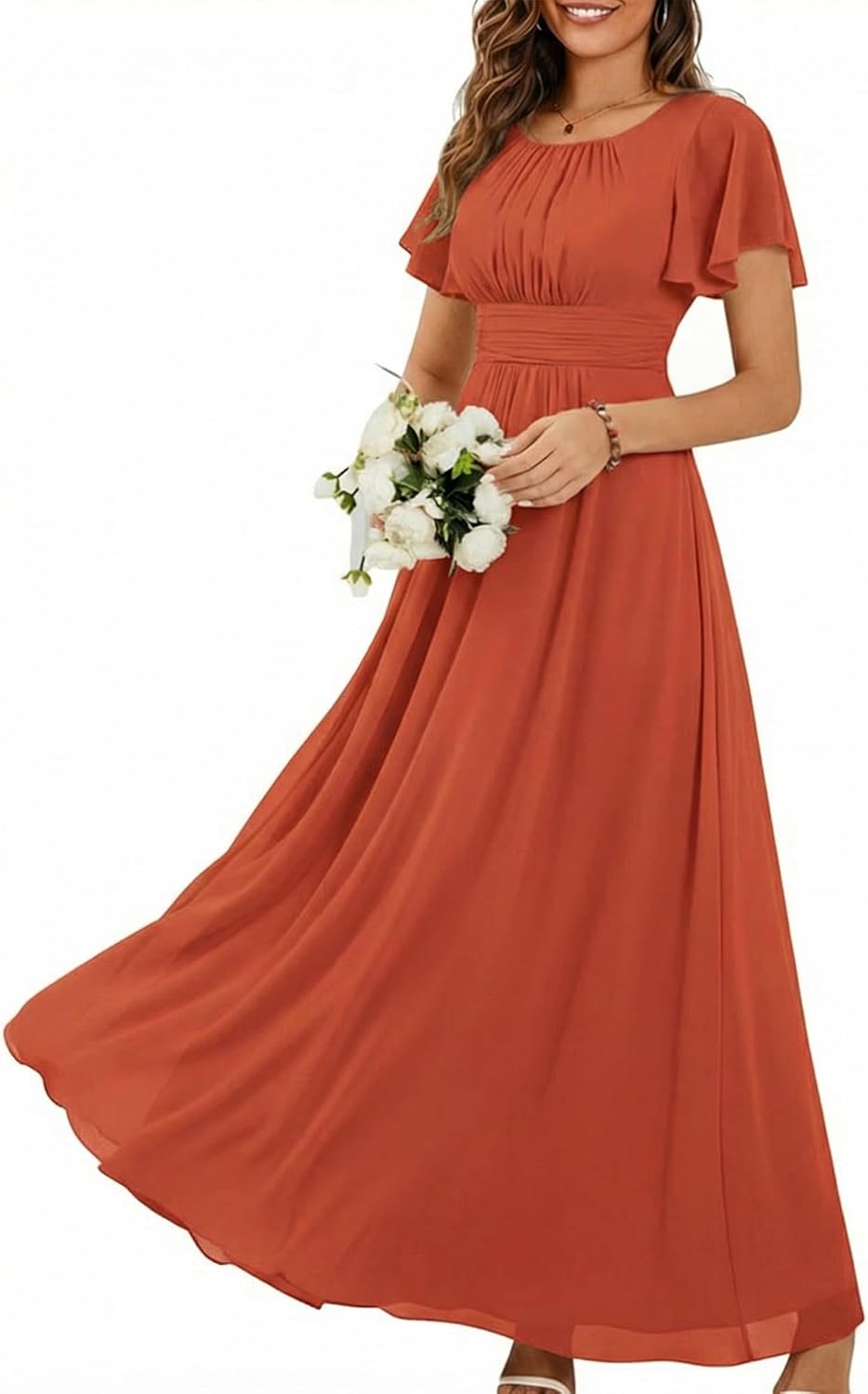 Ever-Pretty Women's Spring Elegant Round Neck Short Sleeve Chiffon Empire Waist Floor Length Formal Dresses Bridesmaid Dress