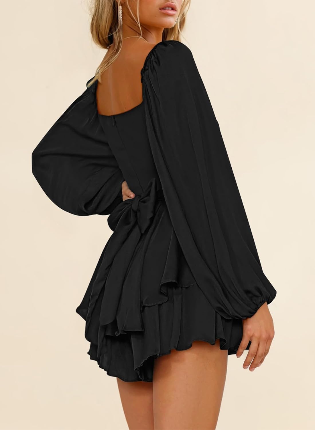 Fixmatti Women off Shoulder Rompers Lantern Long Sleeve Ruffle Tie Mini Shorts Jumpsuit - Image 5