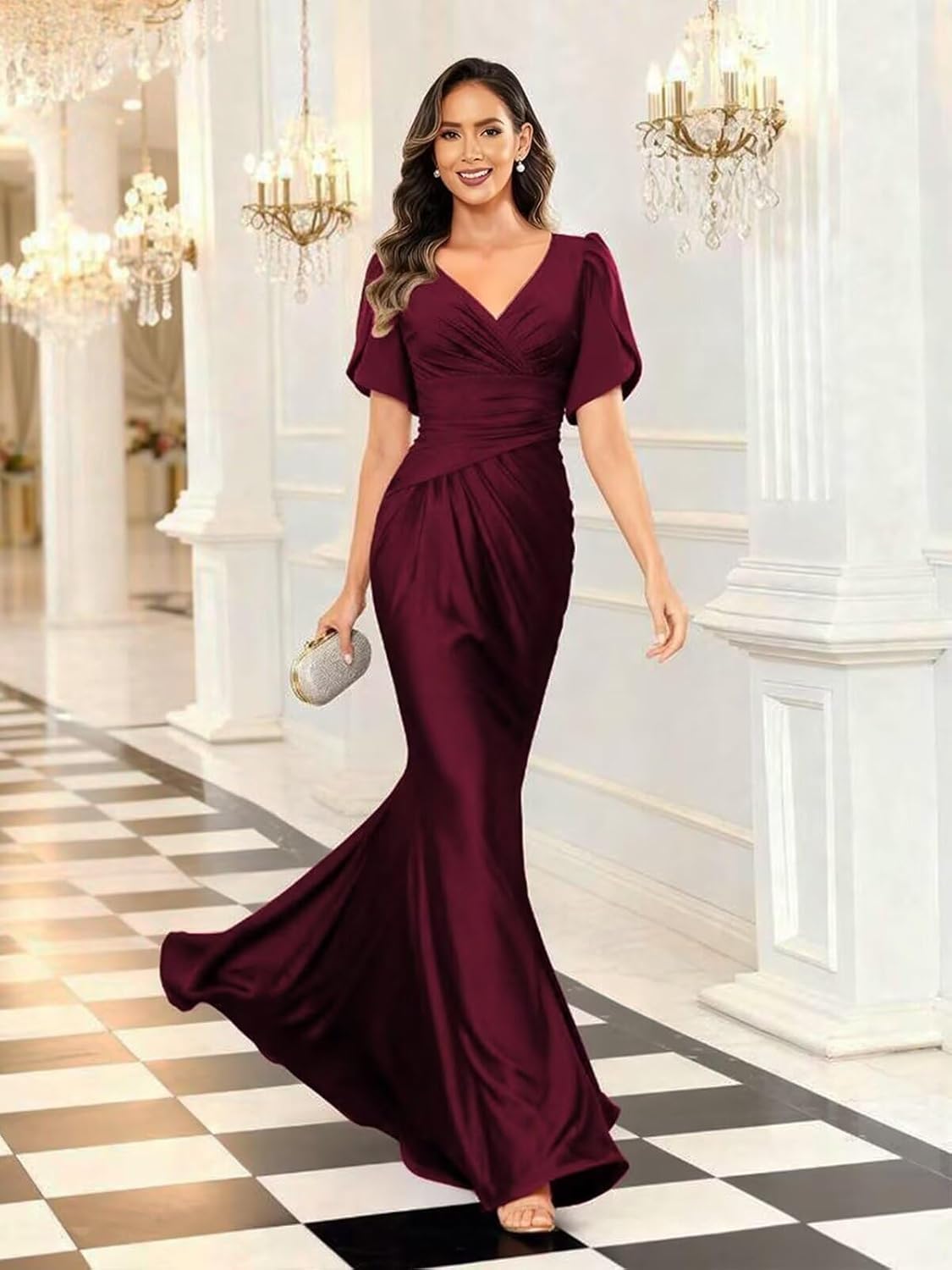 Satin Mermaid Mother of The Bride Dresses for Women Short Sleeve Long V Neck Formal Dress for Women - Image 5