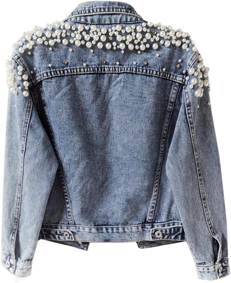 Kedera Women's Jean Jacket Embroidered Rivet Pearl Short Denim Jacket Coat - Image 3