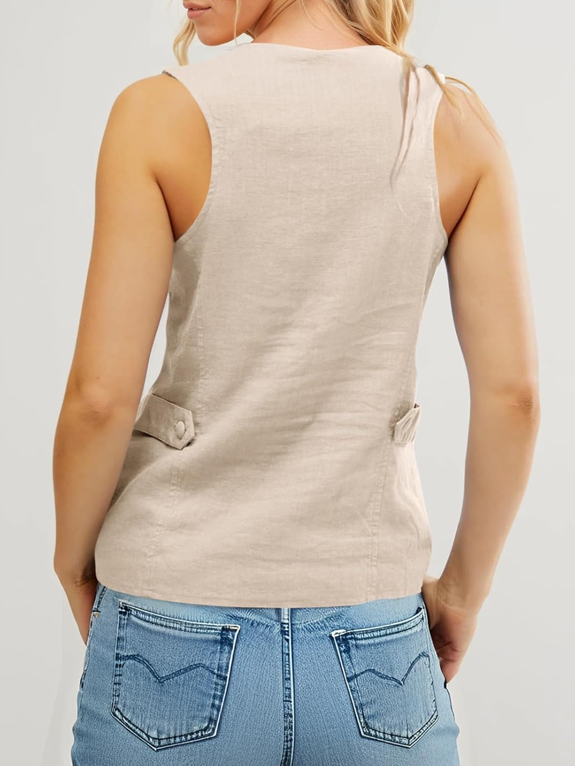 Tankaneo Womens Scoop Neck Blazer Vest Summer Linen Sleeveless Fitted Waistcoat Work Casual Cotton Suit Tops - Image 6