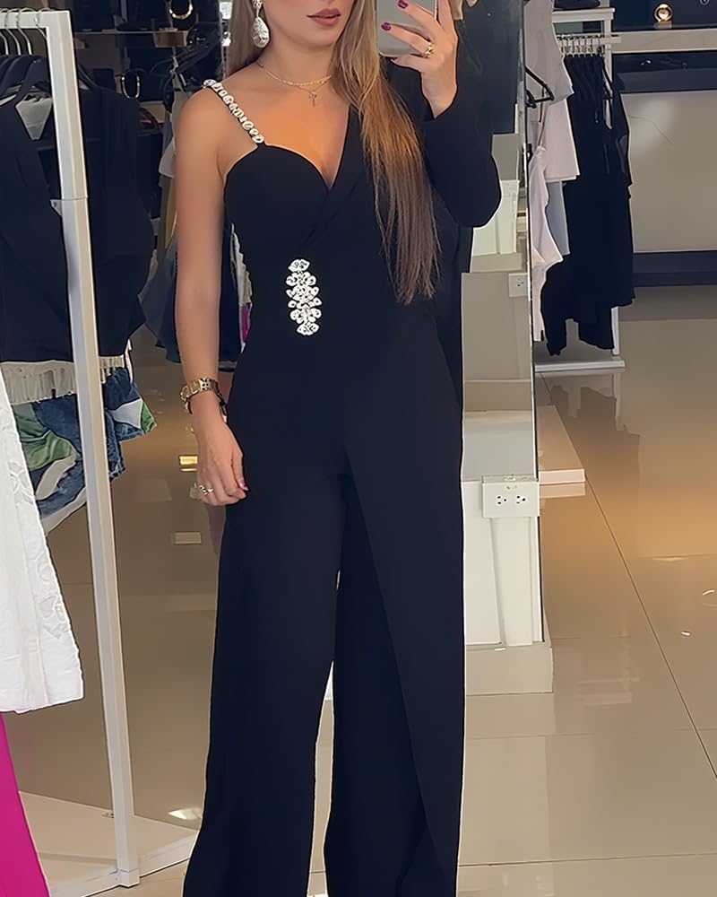 CHICME Women's One Piece Jumpsuit Asymmetrical Wide Leg Evening Romper with Crystal Shoulder Strap and Waist - Image 6