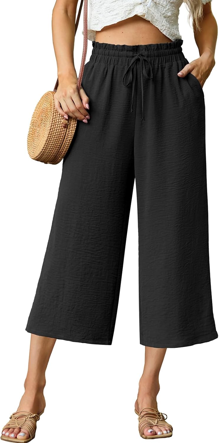 FREEOAK Capri Pants for Women High Waisted Wide Leg Casual Lounge Pant Summer Capris Adjustable Drawstring with Pockets