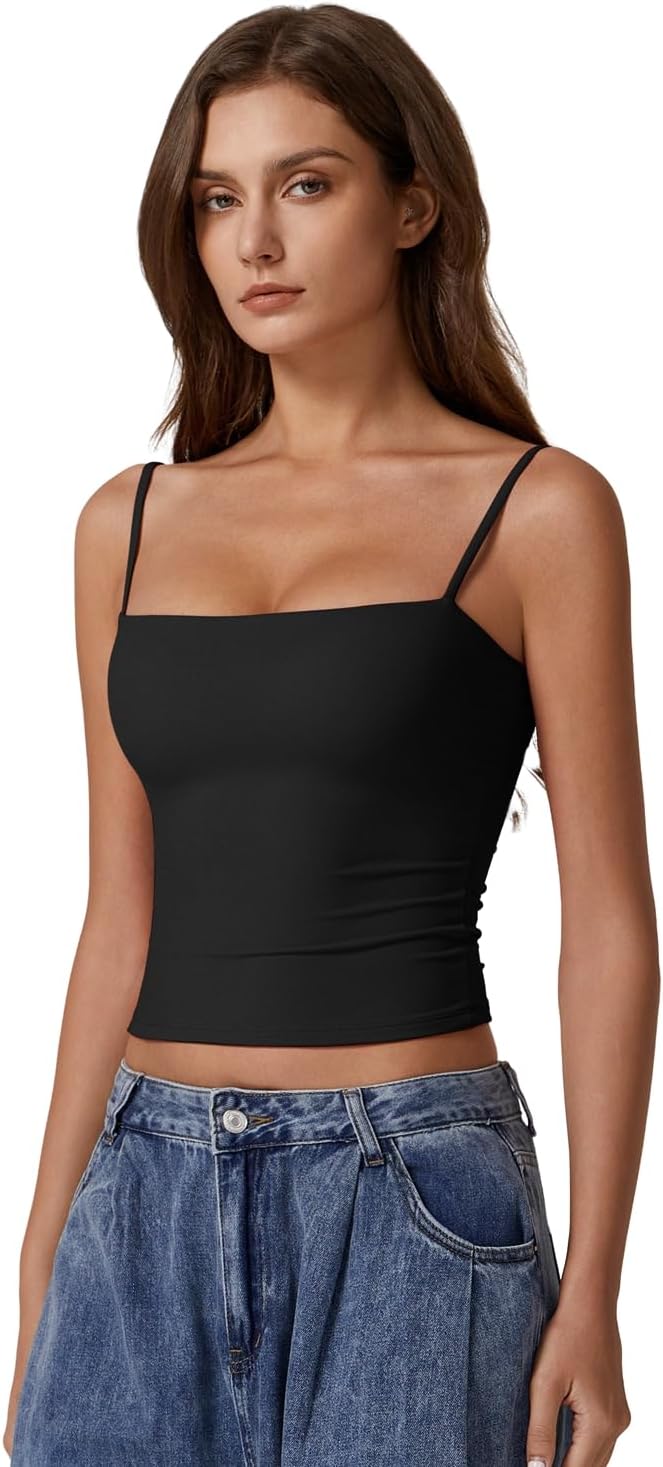 QINSEN Women's Double Lined Basic Tank Top Adjustable Spaghetti Straps Sleeveless Camisole Shirts - Image 3
