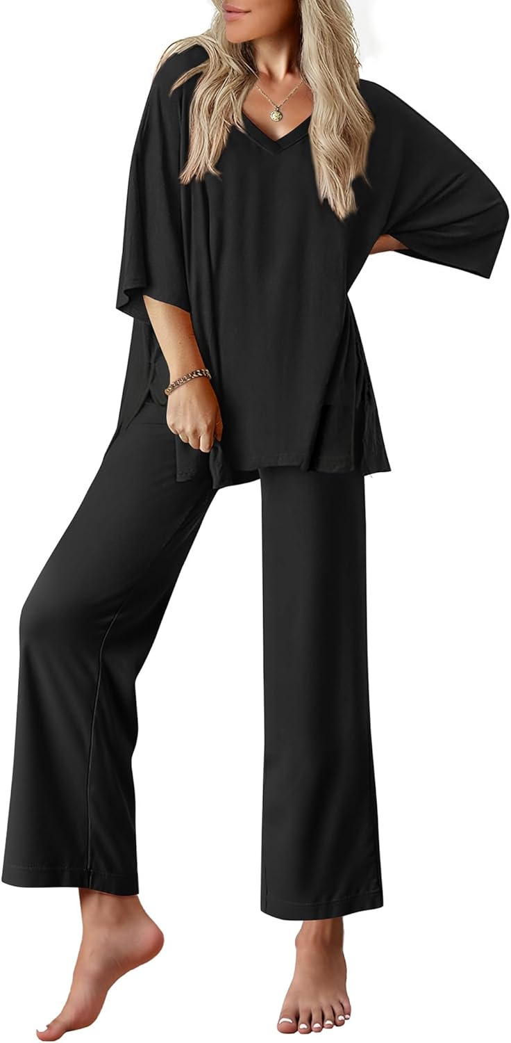 Ekouaer Lounge Sets for Women Pajamas Set Short Sleeve Tops and Long Pants Soft 2 Piece Outfits with Pockets S-XXL