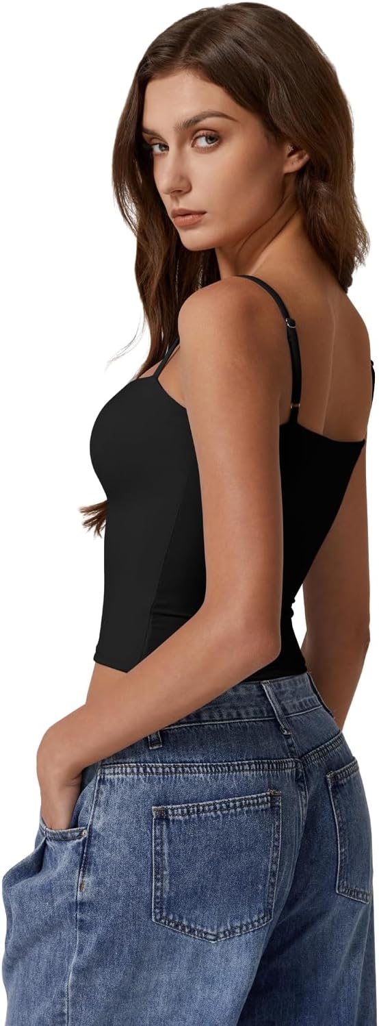 QINSEN Women's Double Lined Basic Tank Top Adjustable Spaghetti Straps Sleeveless Camisole Shirts - Image 4