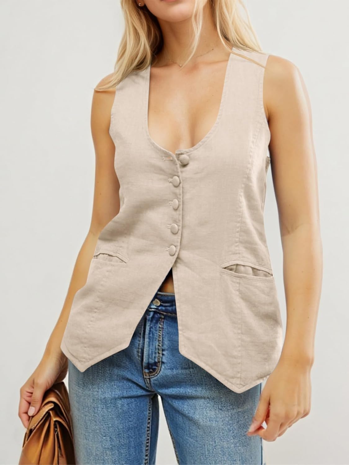 Tankaneo Womens Scoop Neck Blazer Vest Summer Linen Sleeveless Fitted Waistcoat Work Casual Cotton Suit Tops - Image 8