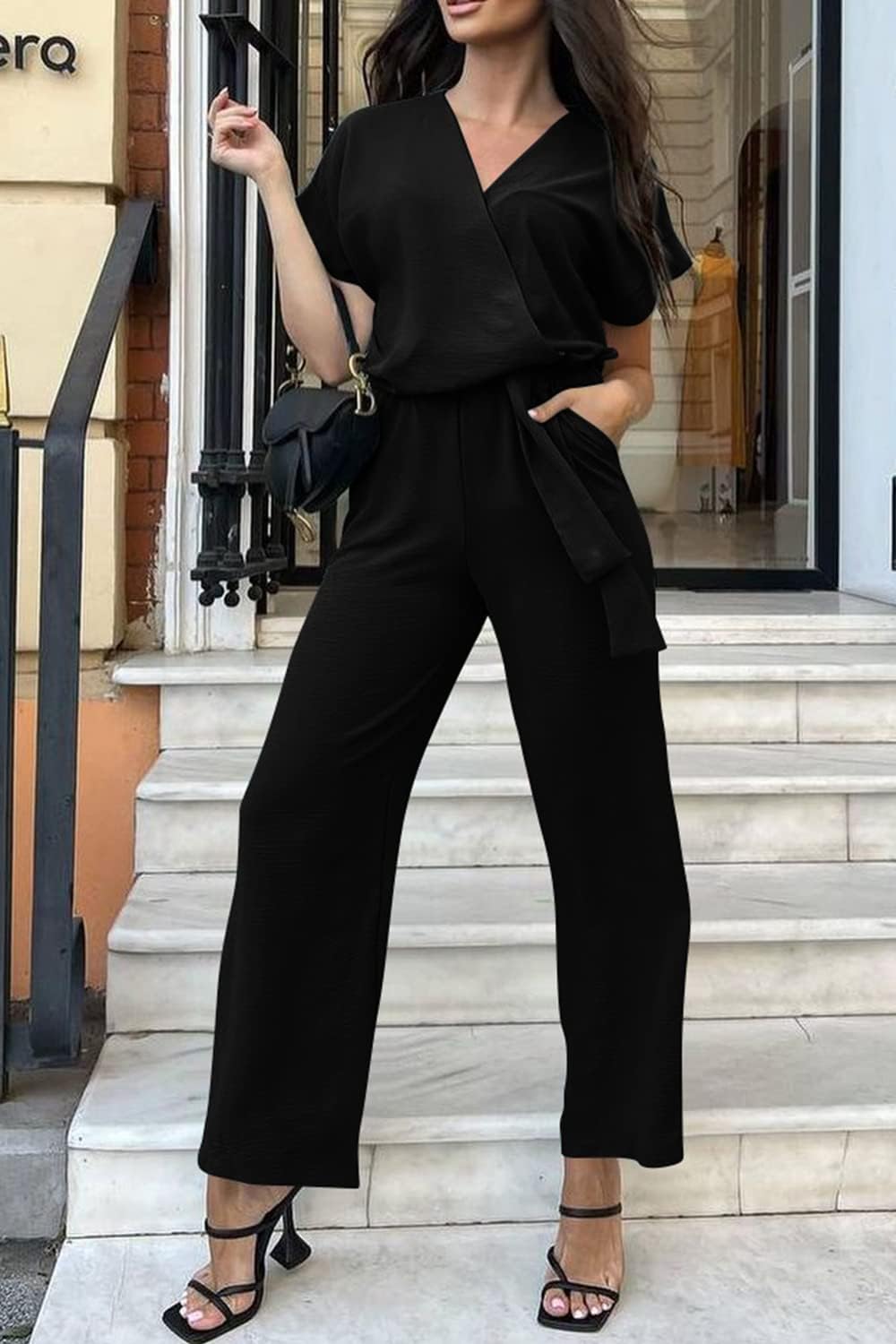 PRETTYGARDEN Women's One Piece Jumpsuits Dressy Casual Summer Short Sleeve Wrap V Neck Wide Leg Pants Romper Spring Clothes - Image 4