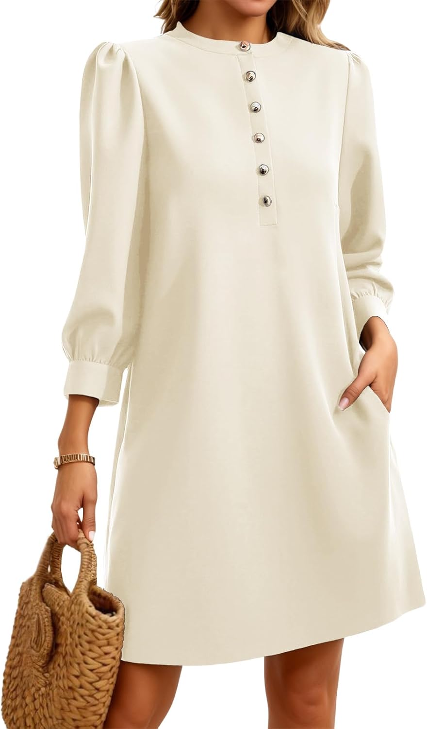 Wenrine Womens 3/4 Puff Sleeve Mini Dress Button Crewneck Elegant Casual Business Shift Dresses 2025