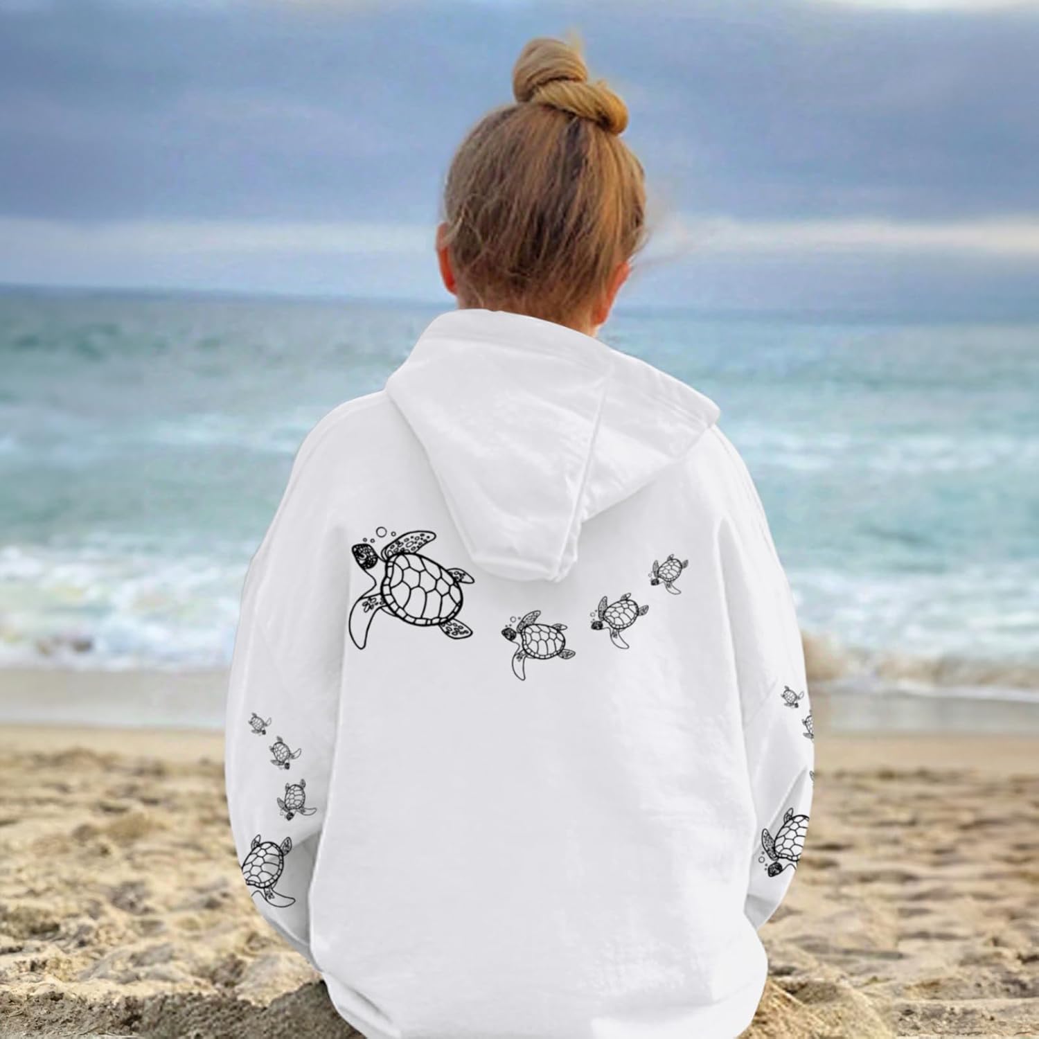 Cute Sea Turtle Hoodies for Women Oversized Ocean Hoodie Aesthetic Graphic Sweatshirts Casual Fleece Pullover Tops - Image 4