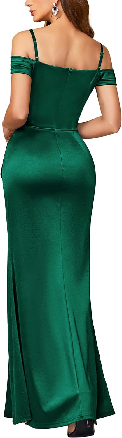 Miusol Women's Sexy Off Shoulder Satin High Split Ruched Style Evening Party Maxi Dress - Image 2