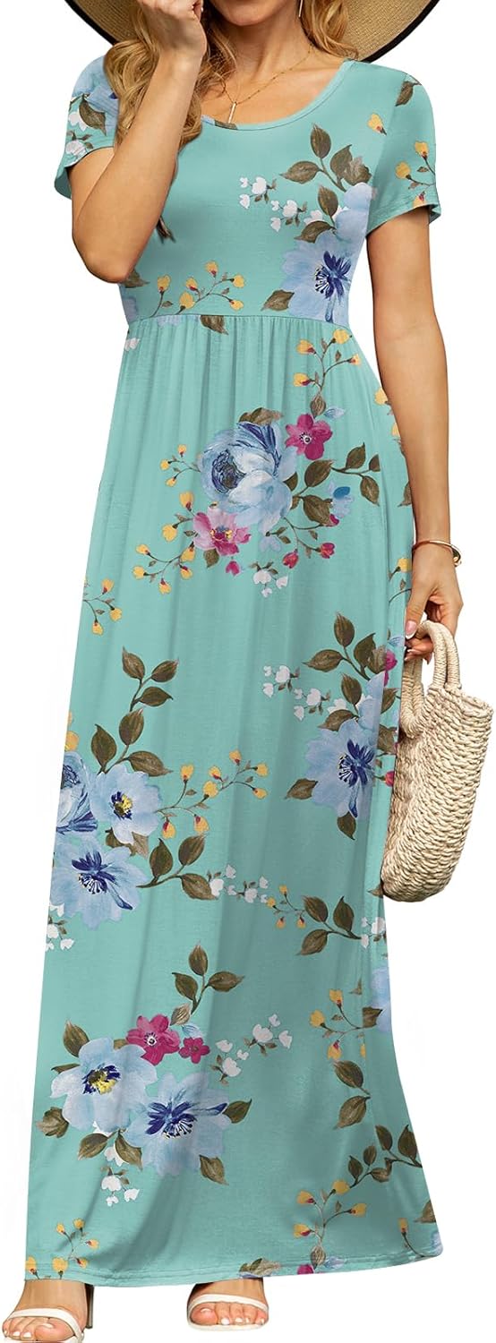 DB MOON Womens 2026 Summer Maxi Dresses Casual Short Sleeve Empire Waist Spring Long Dress with Pockets - Image 3