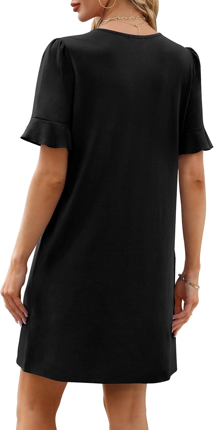 OFEEFAN Summer Dresses for Women Ruffle Short Sleeve V Neck Casual Shift Dress with Pockets - Image 5