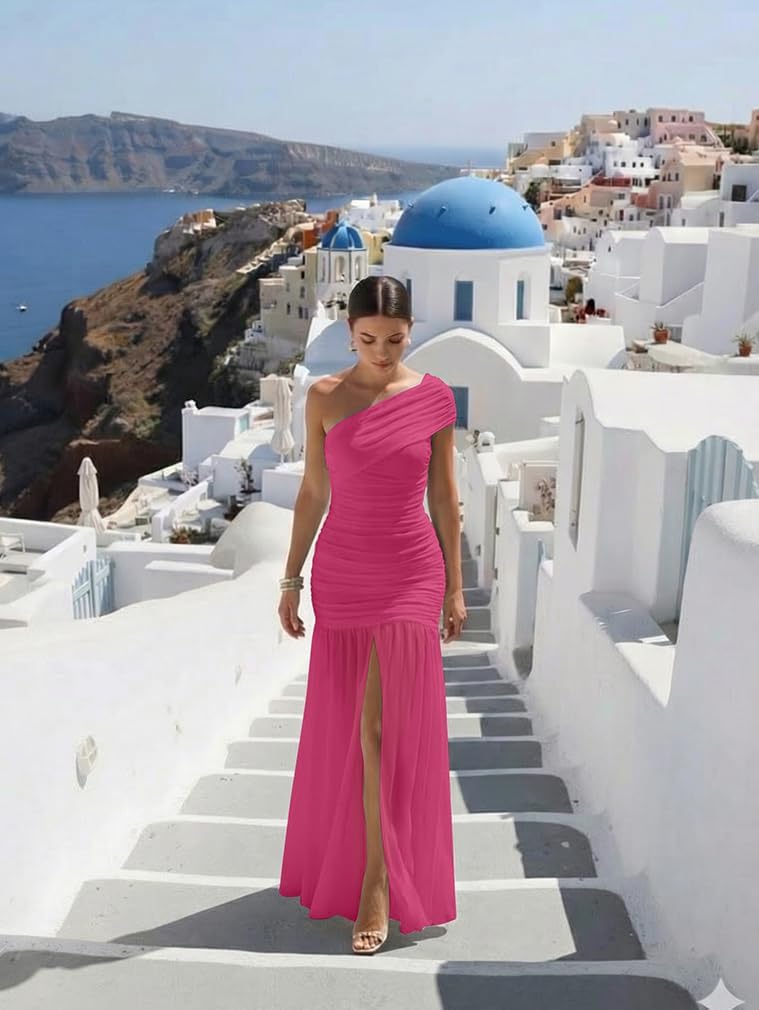 LAGSHIAN Women's Elegant Formal Long Dress One Shoulder Sleeveless Ruched Bodycon Evening Dress - Image 3