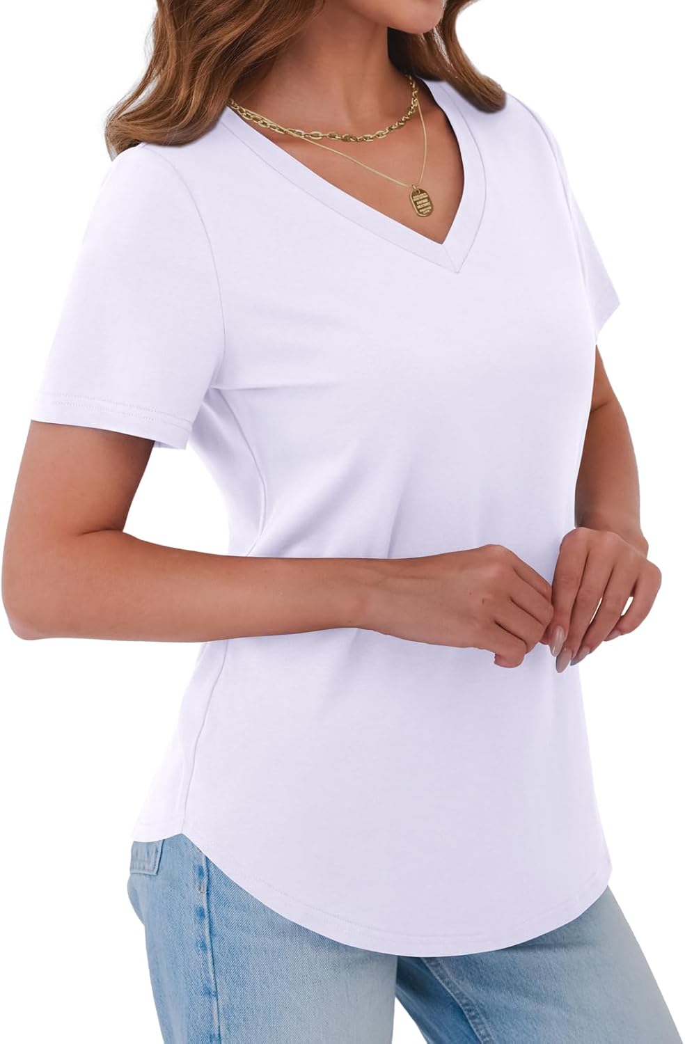GKBK Womens T Shirts V Neck Short Sleeve Cotton Tops Summer Curved Hem Trendy Basic Tee Shirt S-XXL - Image 3