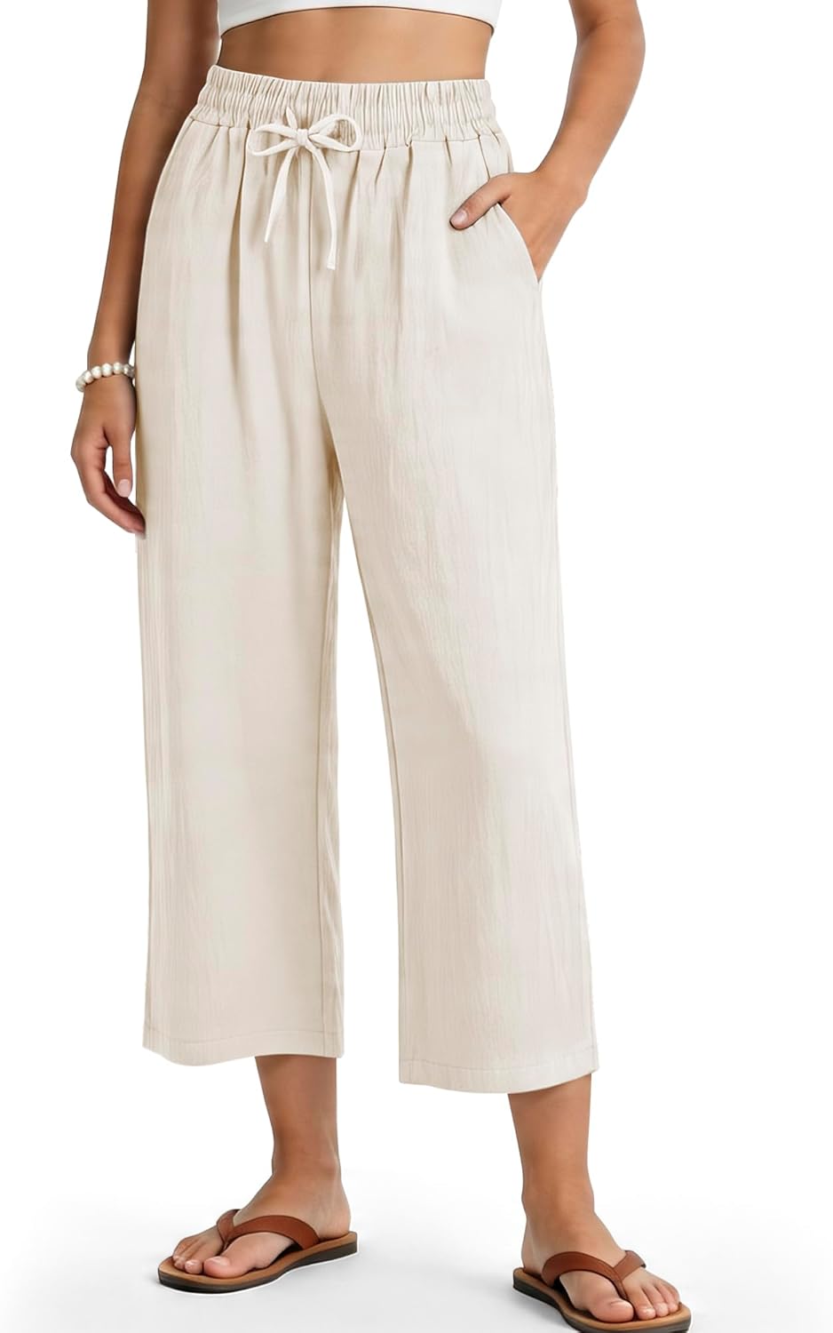 Women's Casual Capris Pants High Waist Pants Drawstring Loose Fit Summer Trousers with Pockets for Beach Vacation