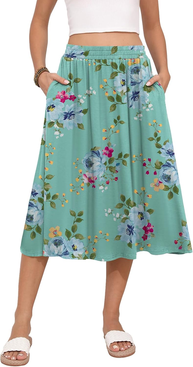 MLXSJ Women's Midi Skirt Summer Flowy Elastic High Waisted Casual Pleated Skirts with Pockets - Image 2