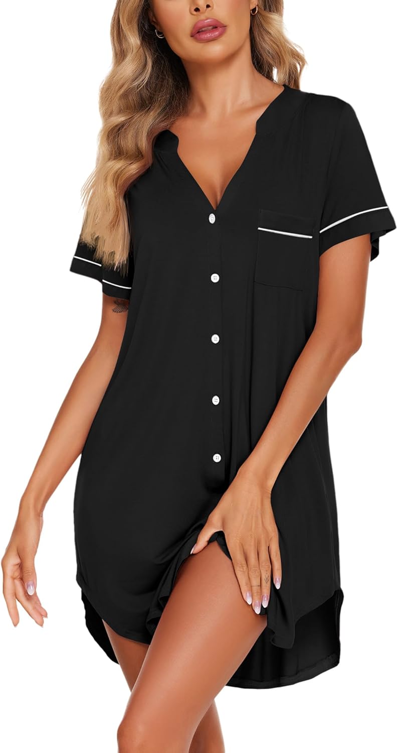 Ekouaer Nightgowns for Women Button Down Night Gowns Short Sleeve Sleep Shirt V Neck Nightshirt Soft Sleepwear Pajams Dress - Image 2