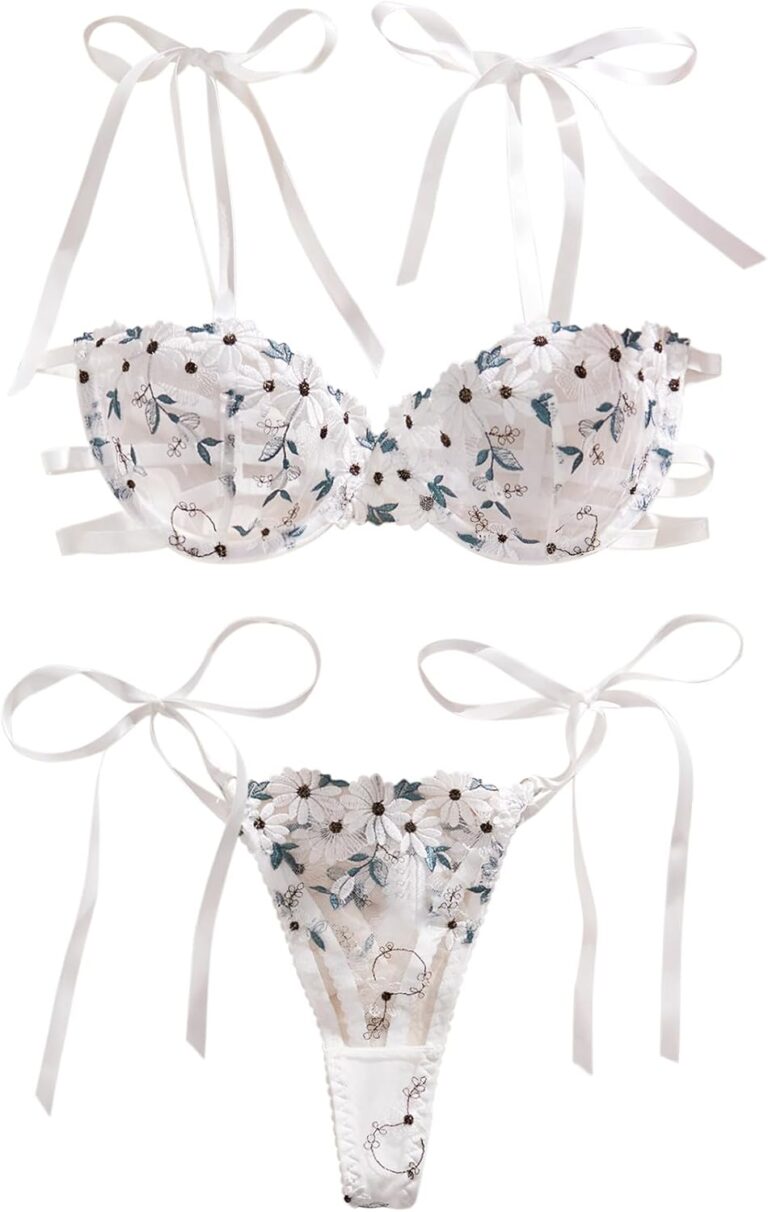 Lilosy Sexy Tie Side Embroidered Underwire Push Up Cute Strappy Mesh Sheer Bachelorette Lingerie Set