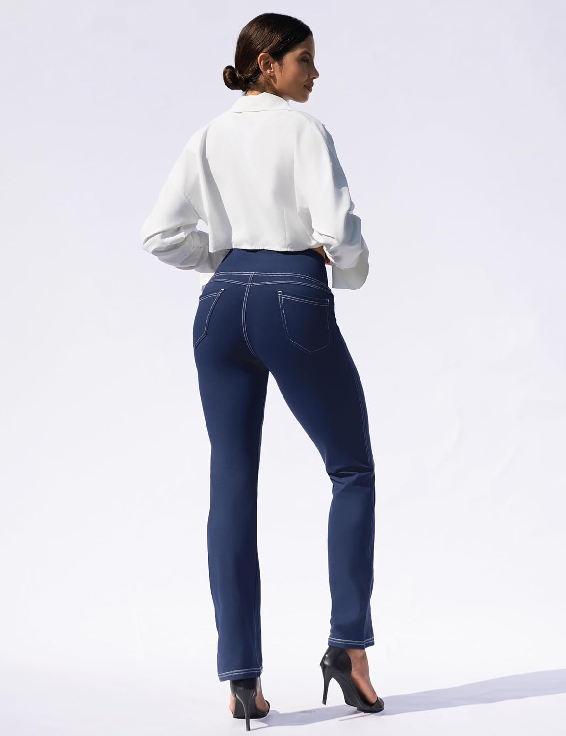 VOOVEEYA Womens Straight Leg Leggings, High Waisted Yoga Pants with Pockets Tummy Control Bootcut Casual Dress Pants - Image 4