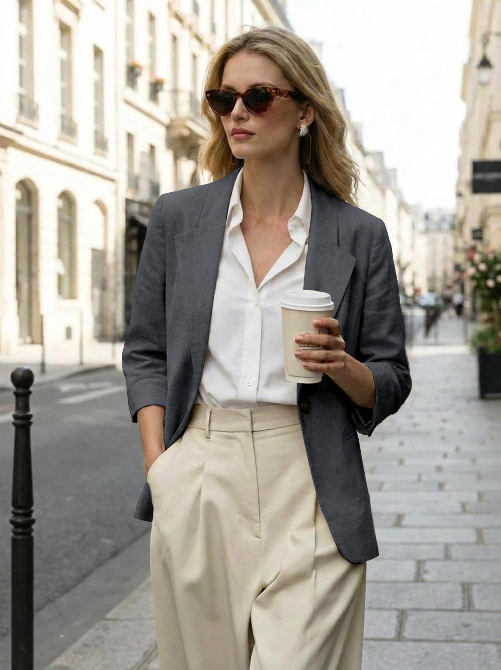 IDEALSANXUN Linen Blazer Women 3/4 Sleeve Lightweight Spring Summer Blazer Jackets - Image 2