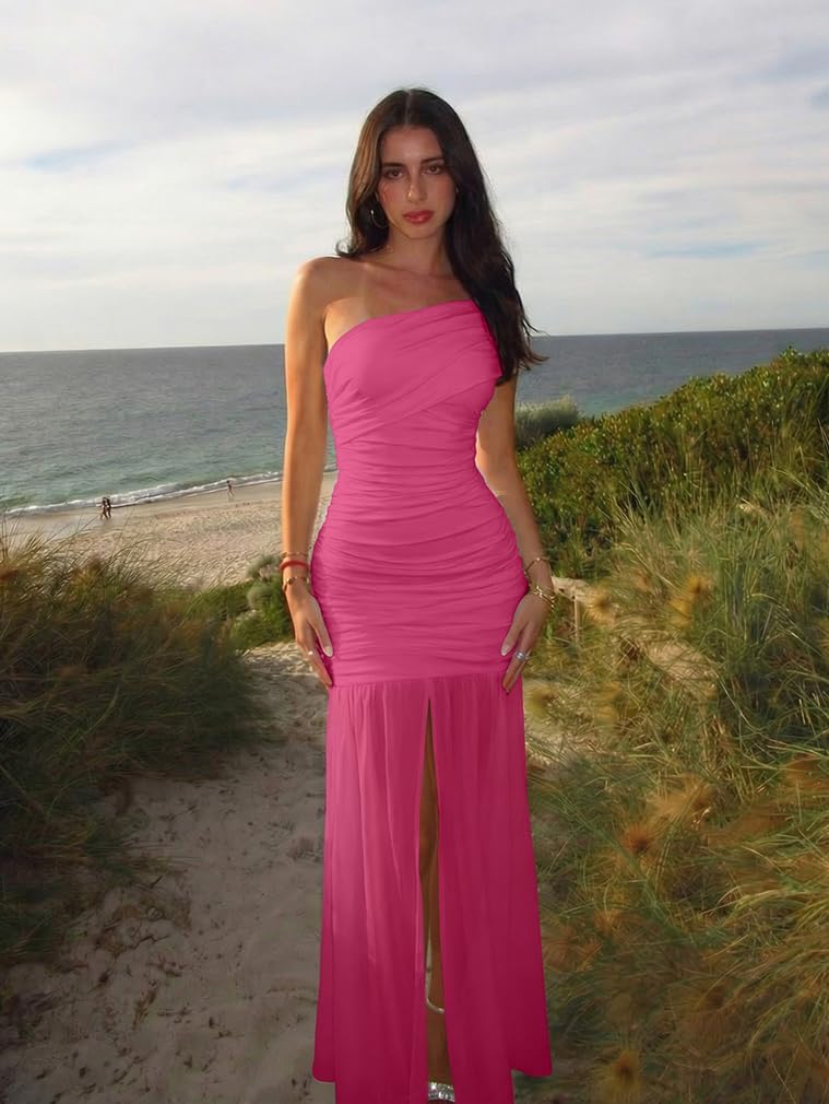LAGSHIAN Women's Elegant Formal Long Dress One Shoulder Sleeveless Ruched Bodycon Evening Dress - Image 6