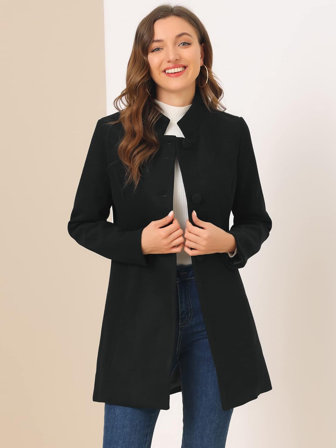 Allegra K Women's Winter Overcoat Mid-Long Stand Collar Single Breasted Coat Outerwear - Image 3