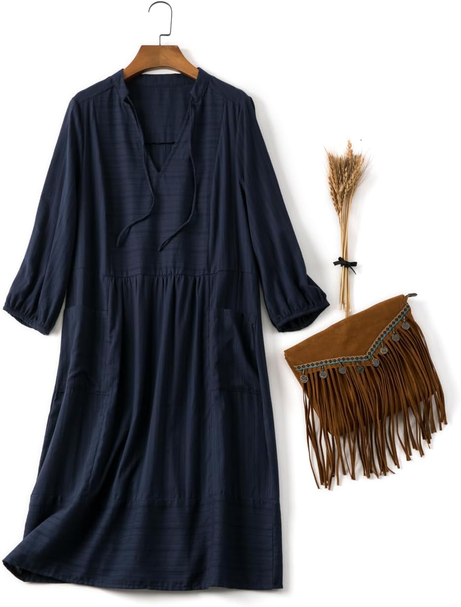 Lafural Womens V Neck Cotton Casual Loose Shift Tunic Smock Summer Dresses Vacation Dress 3/4 Sleeve Pocket - Image 4