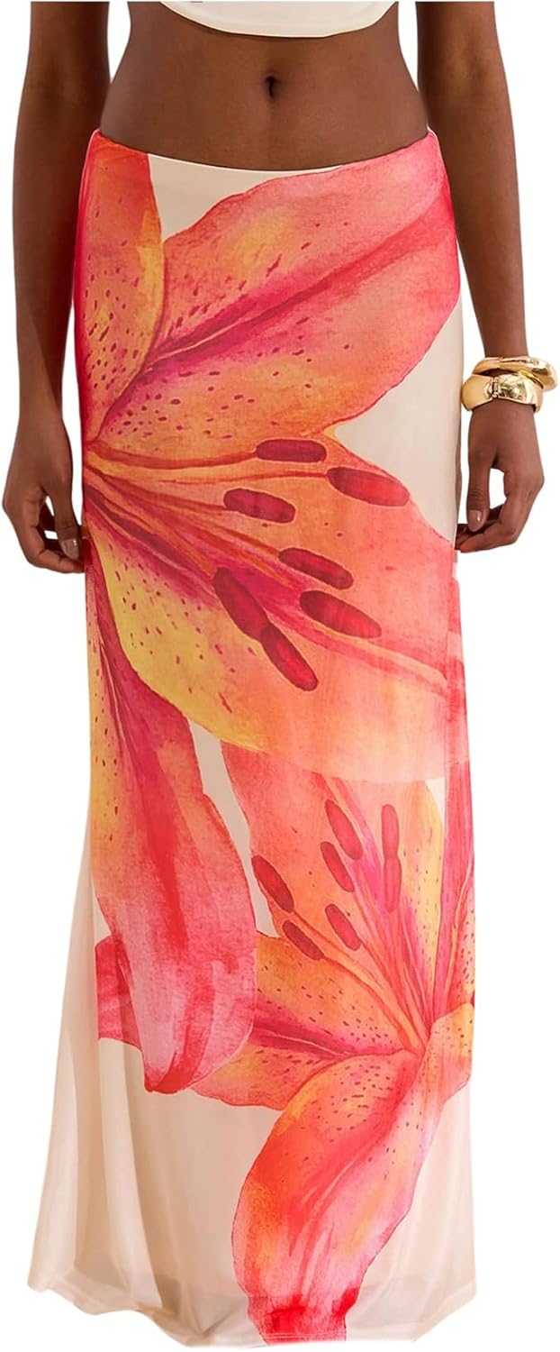 MakeMeChic Women's Summer Beach Maxi Skirt Y2k Floral Boho Flowy Long Skirt