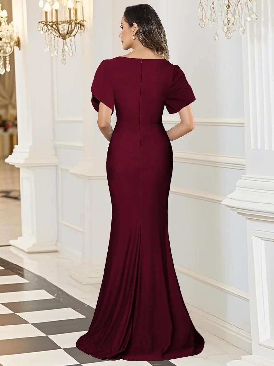 Satin Mermaid Mother of The Bride Dresses for Women Short Sleeve Long V Neck Formal Dress for Women - Image 2