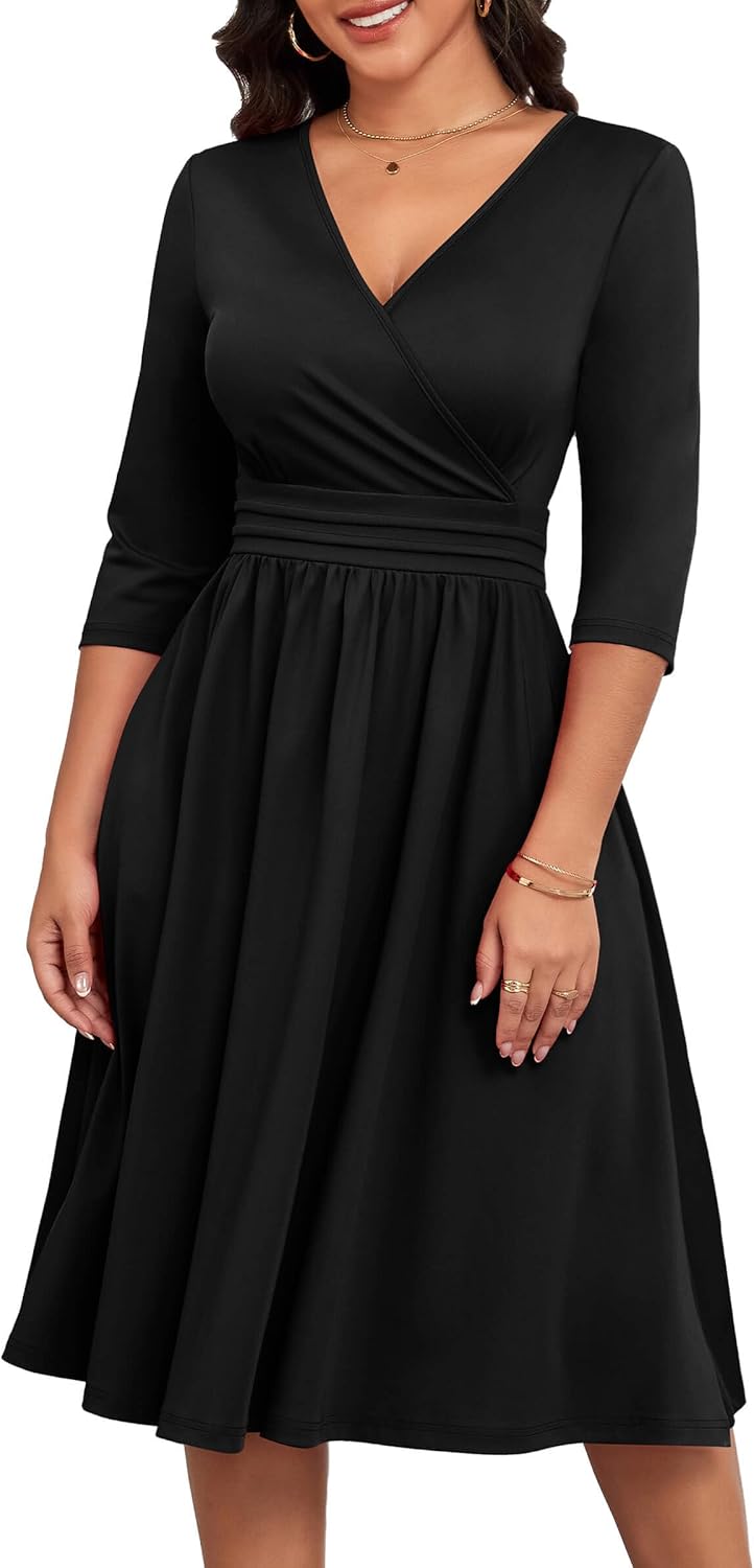 Nmoder Casual Wrap Dresses for Women A-Line Flared Church Midi Dress V Neck 3/4 Sleeve with Pockets