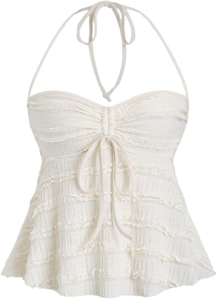 SOLY HUX Women's Peplum Halter Crop Tops Y2K Drawstring Tie Ruched Dressy Casual Spaghetti Strap Cami Top