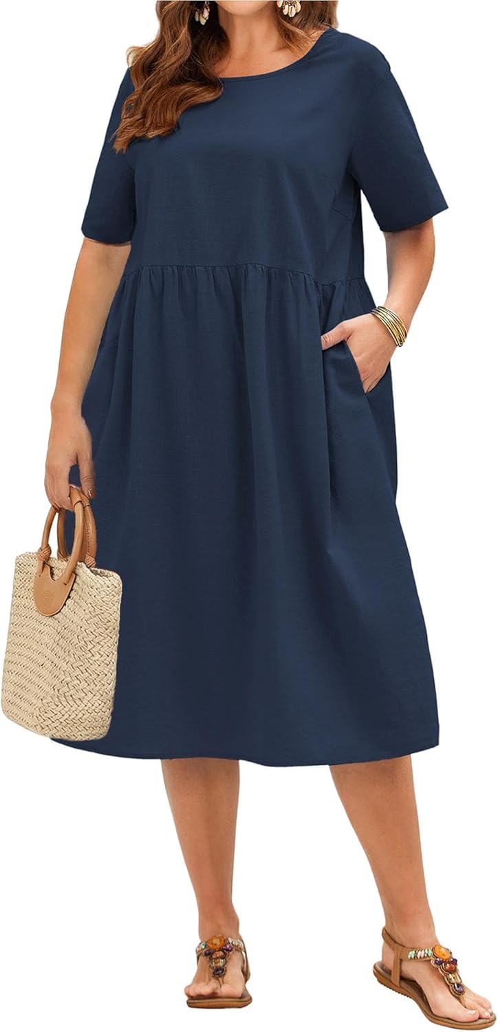 IN'VOLAND Plus Size Cotton Linen Dresses for Women Short Sleeve Summer Midi Dress with Pockets