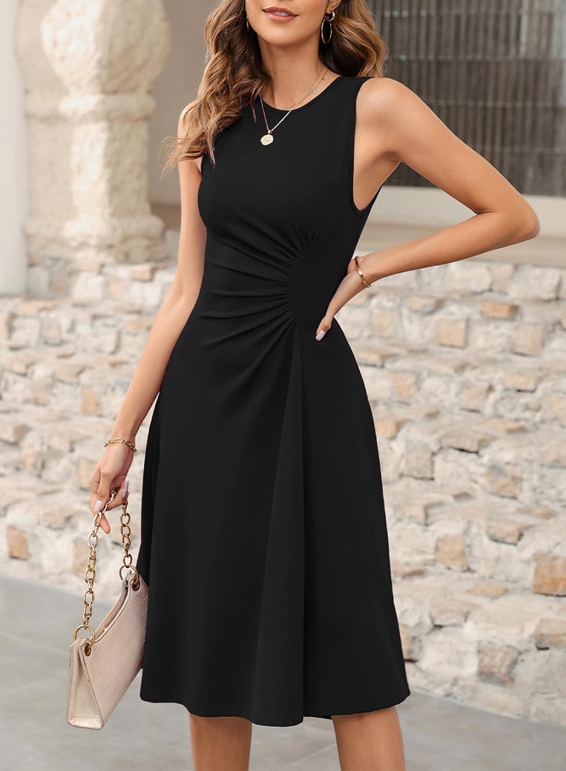 Happy Sailed Women's Summer Dresses Sleeveless Ruched Waist A Line High Low Midi Cocktail Dress(Waist Tight,Please Size Up) - Image 3