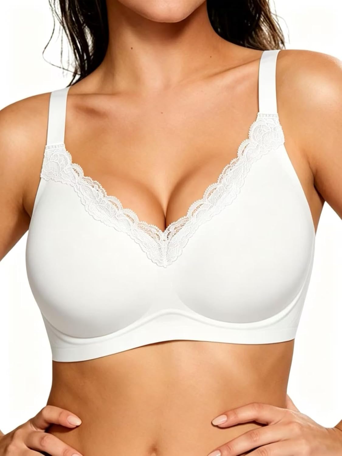 HORISUN Wireless No Underwire Bra for Women V-Neck Lace Trim Jelly Supportive Seamless Bra Comfortable Tshirt Bralette