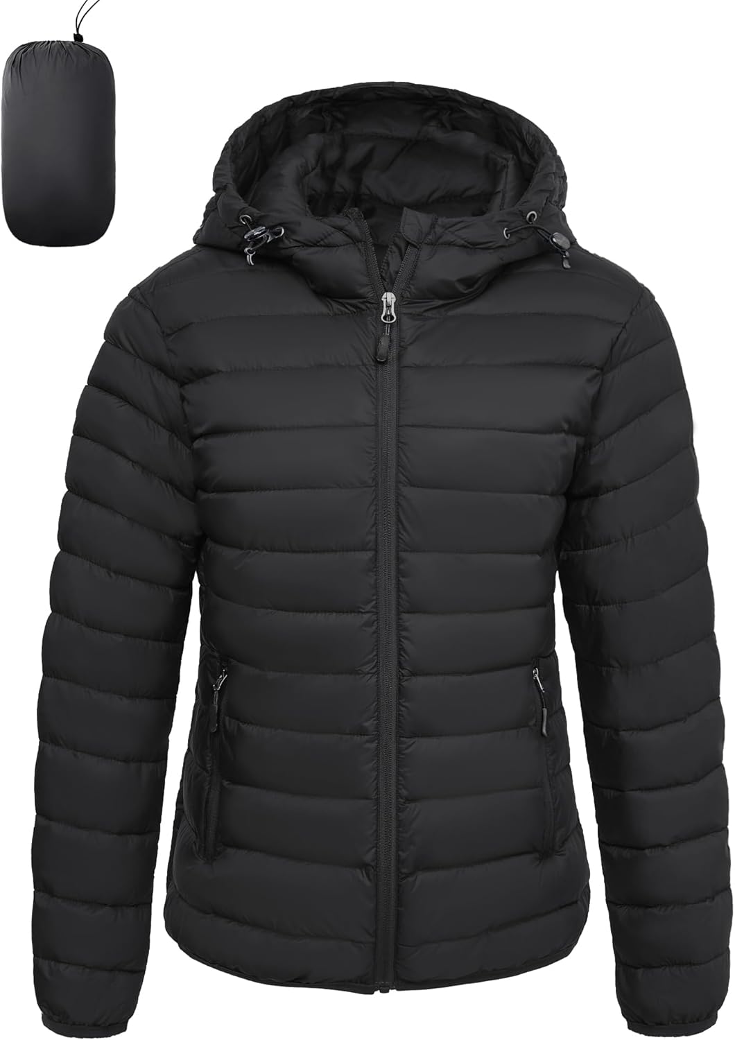 Womens Puffer Jacket Lightweight Packable Winter Light Coat Full-Zip Hooded Outerwear for Travel