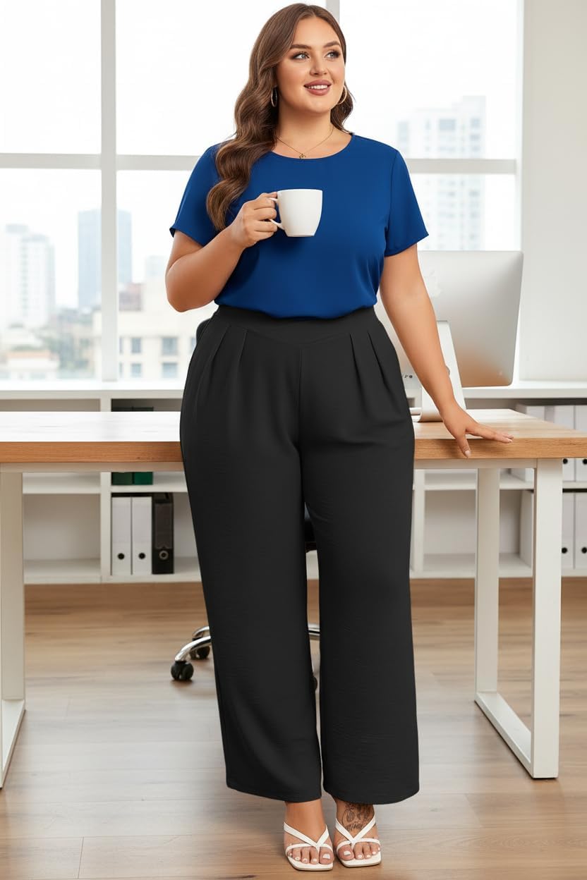 Eytino Womens Plus Size Wide Leg Pants Crossover Waist Pleated Front Casual Work Pants Lounge Trouser with Pockets(1X-5X) - Image 3