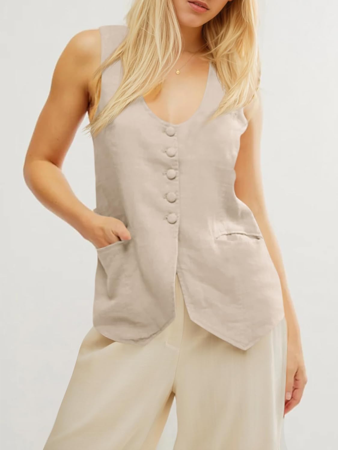 Tankaneo Womens Scoop Neck Blazer Vest Summer Linen Sleeveless Fitted Waistcoat Work Casual Cotton Suit Tops - Image 7