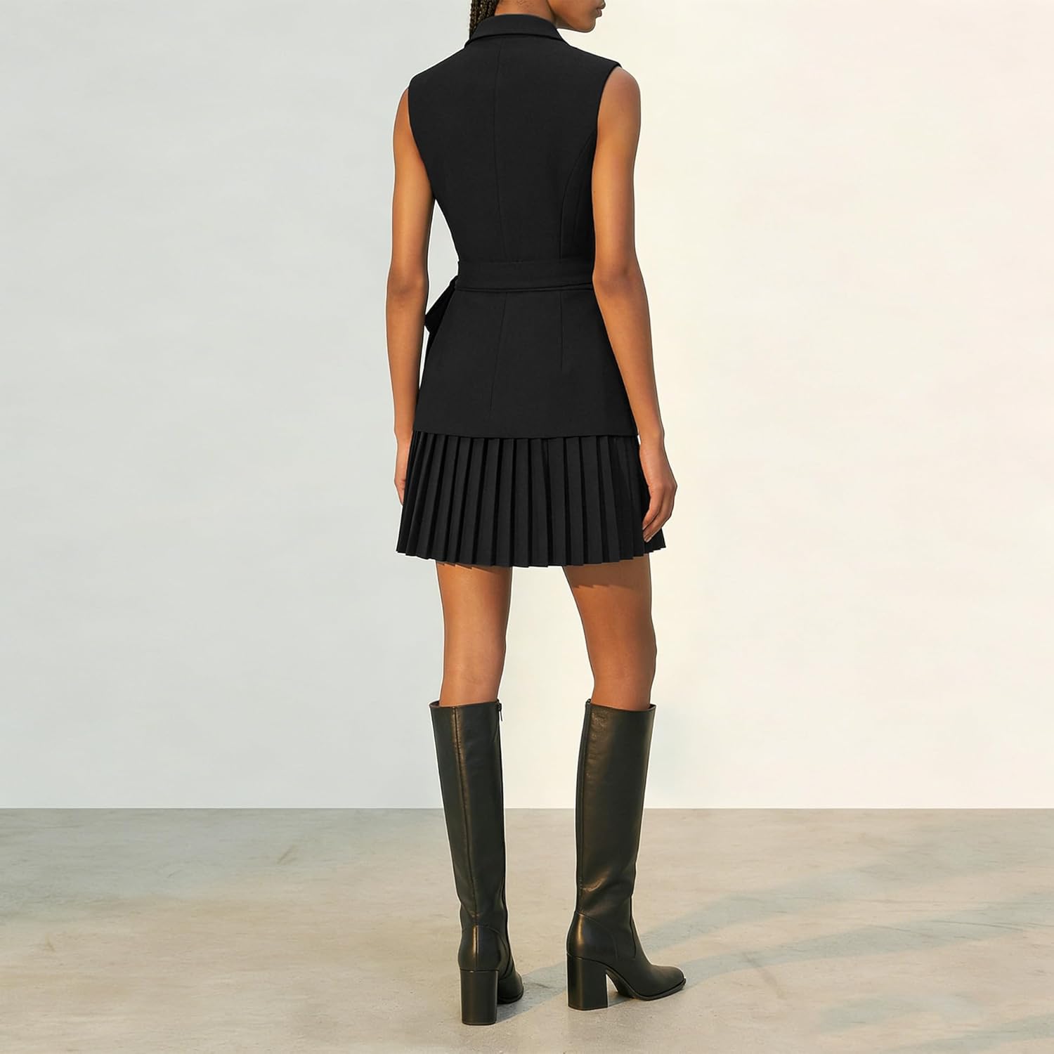 Women's Belt Blazer Dress Lapel Notch Neck Sleeveless Elegant Vest Pleated Mini Dress Summer Business Matching Suits - Image 5
