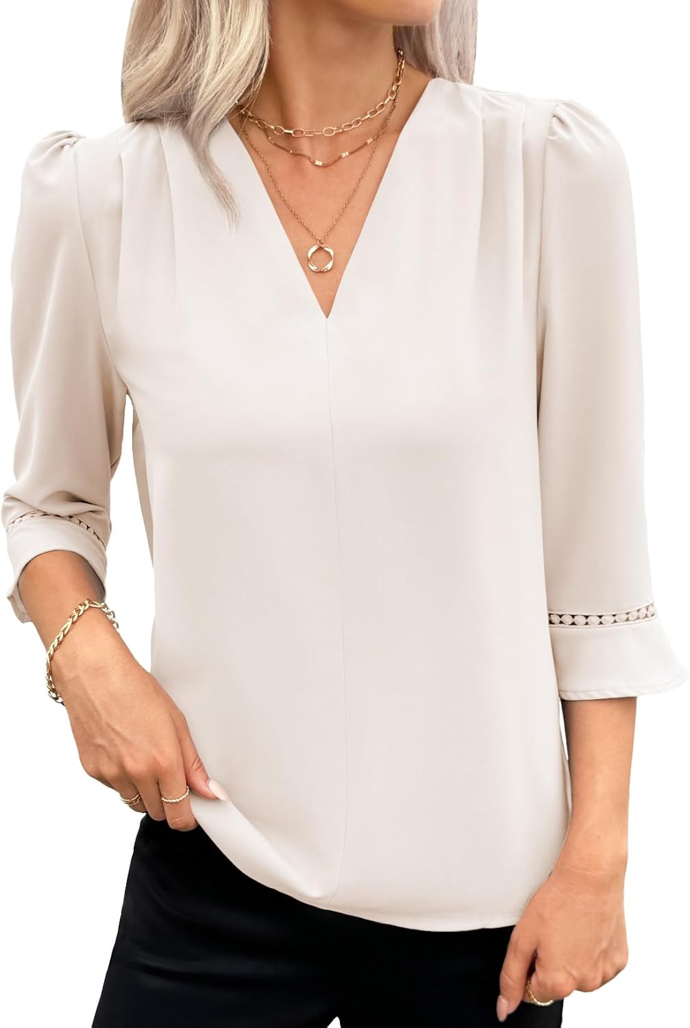 EVALESS Women's 3/4 Sleeve Tops Dressy Casual Pleated V Neck Business Work Blouses Office Shirts - Image 5