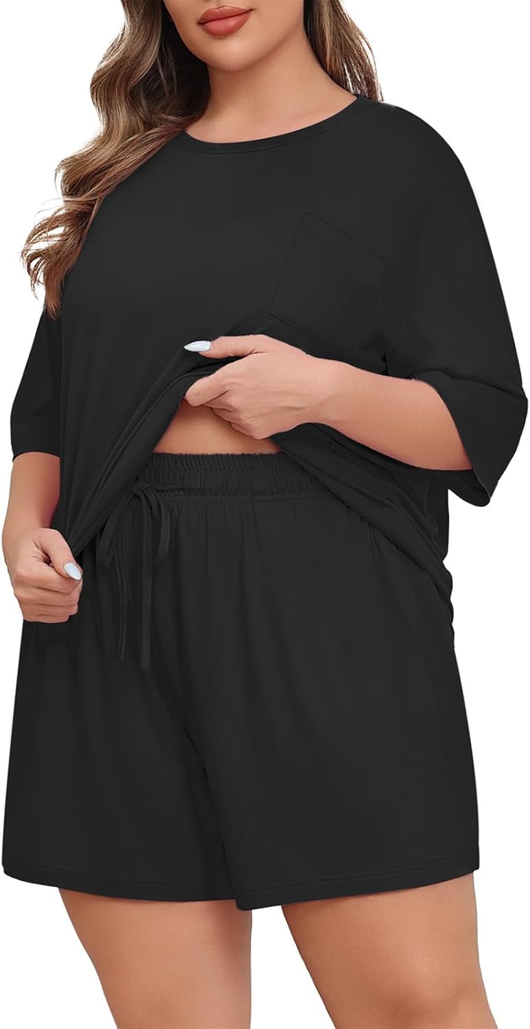 Lastshe Womens Plus Size Pajama Set 2 Piece Soft Short Sleeve with Pockets Summer Shorts Sleepwear Knit Pjs Lounge Set