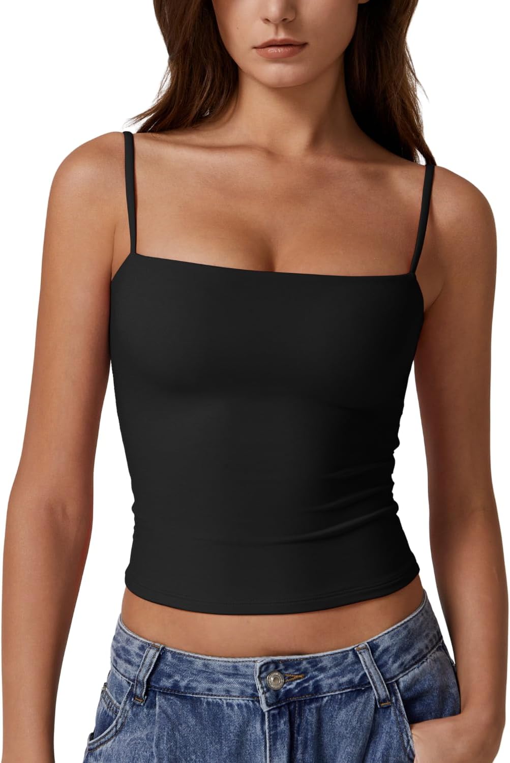 QINSEN Women's Double Lined Basic Tank Top Adjustable Spaghetti Straps Sleeveless Camisole Shirts