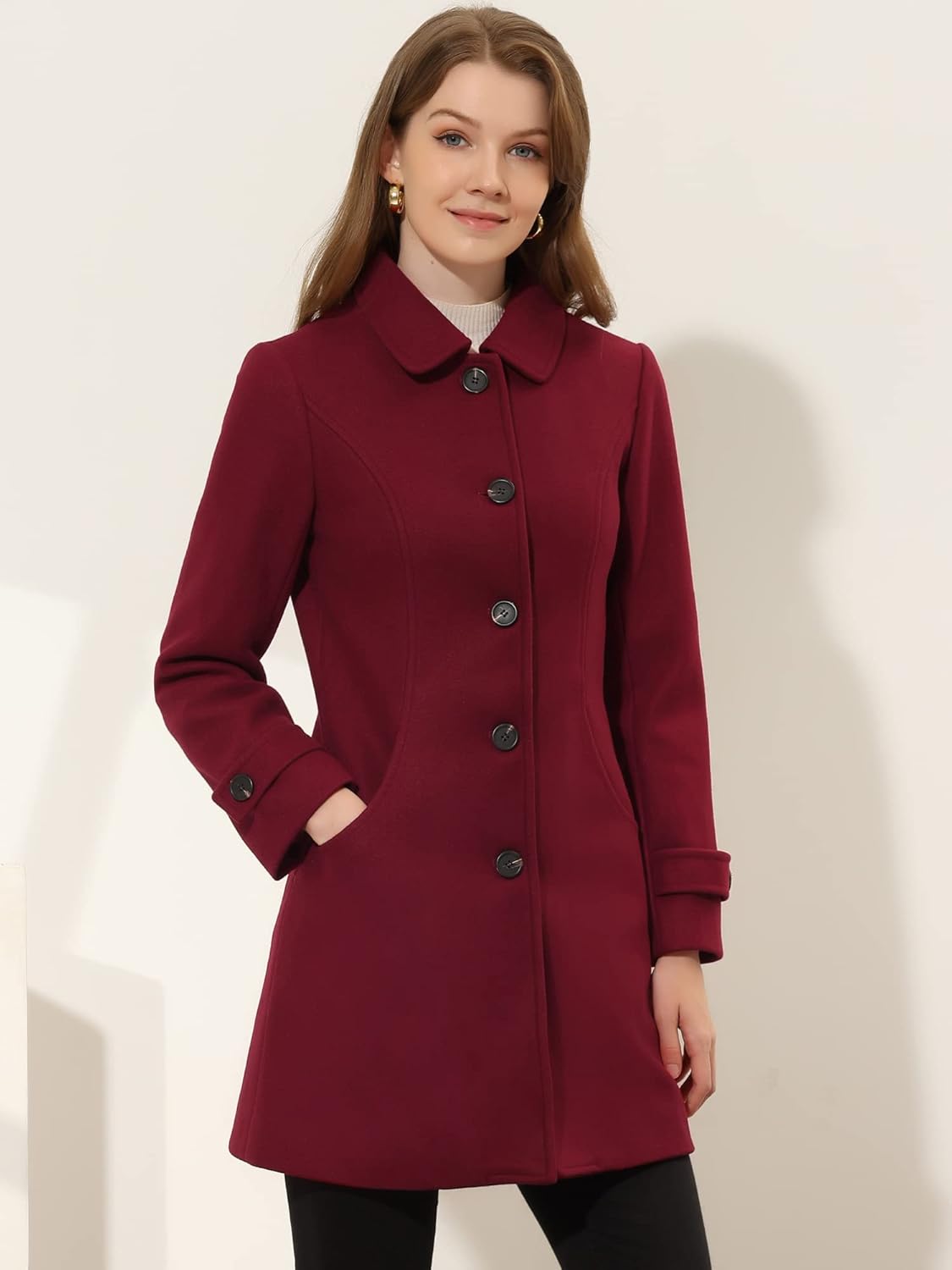 Allegra K Women's Winter Outerwear Overcoat Peter Pan Collar Mid-thigh A-line Single Breasted Pea Coat - Image 2