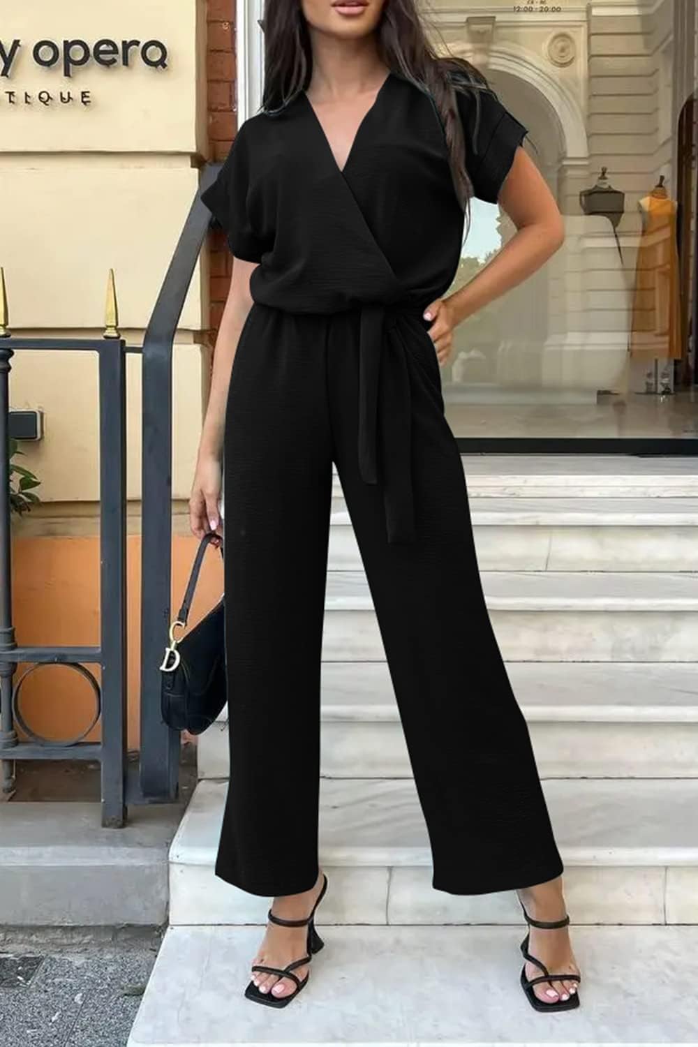 PRETTYGARDEN Women's One Piece Jumpsuits Dressy Casual Summer Short Sleeve Wrap V Neck Wide Leg Pants Romper Spring Clothes - Image 7