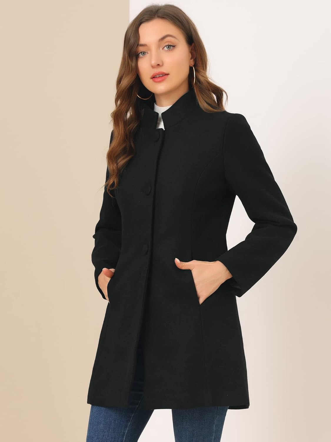 Allegra K Women's Winter Overcoat Mid-Long Stand Collar Single Breasted Coat Outerwear - Image 4