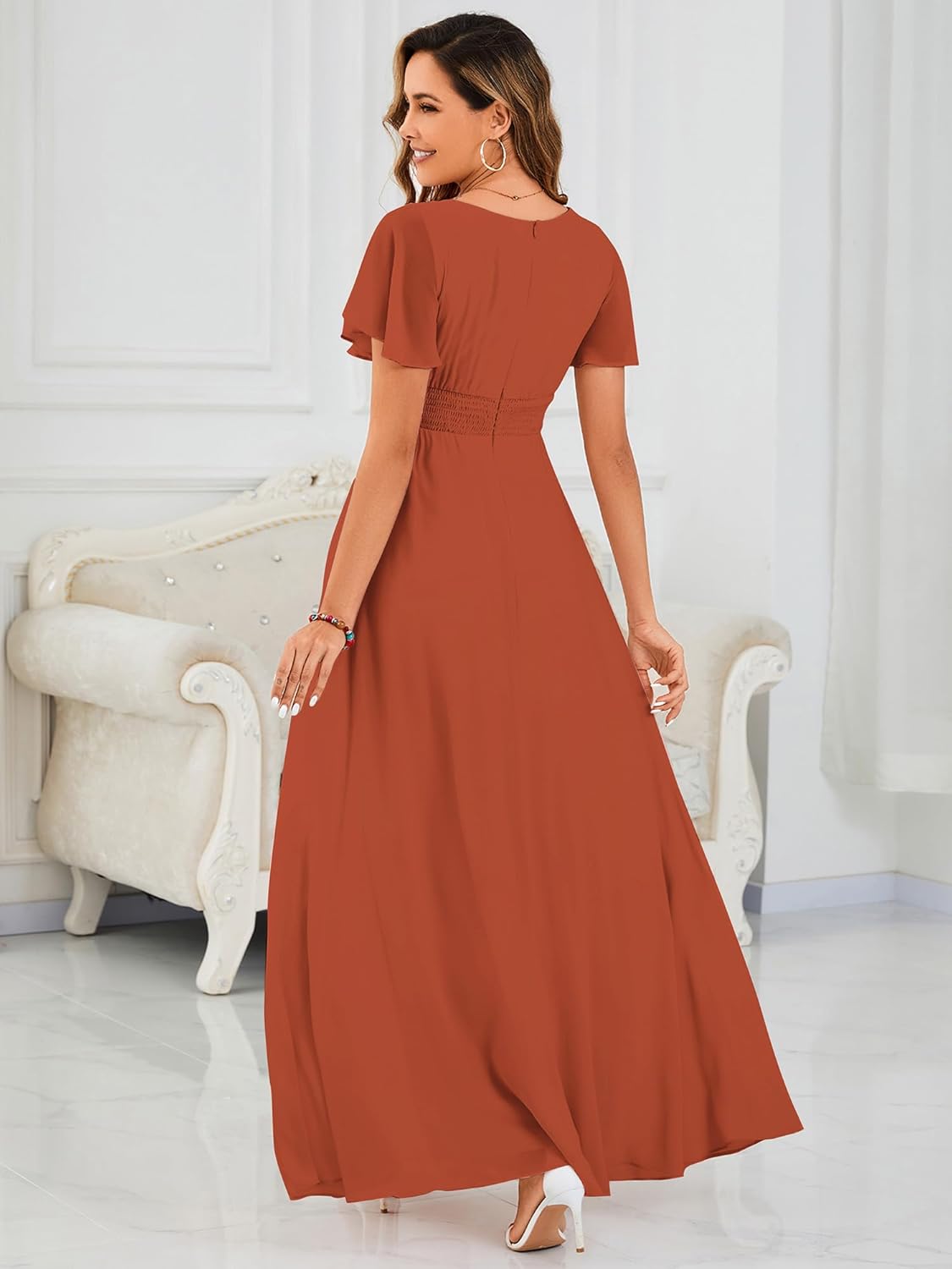 Ever-Pretty Women's Spring Elegant Round Neck Short Sleeve Chiffon Empire Waist Floor Length Formal Dresses Bridesmaid Dress - Image 2