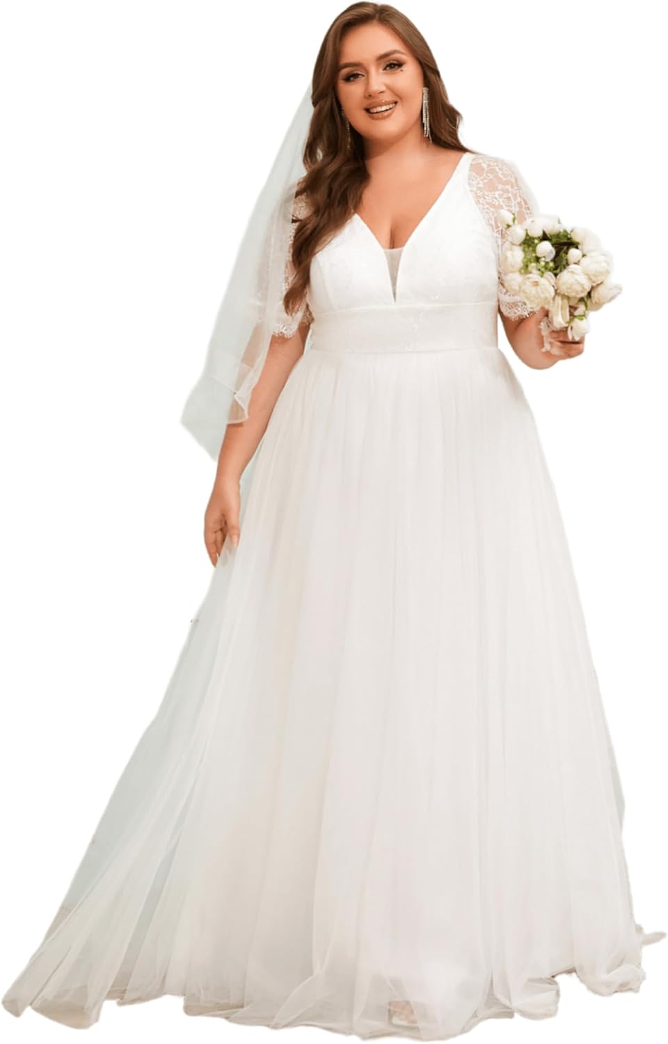 Ever-Pretty Plus Women's Lace V Neck A Line Short Sleeves Long Simple Bridal Gown Plus Size Wedding Dress for Bride